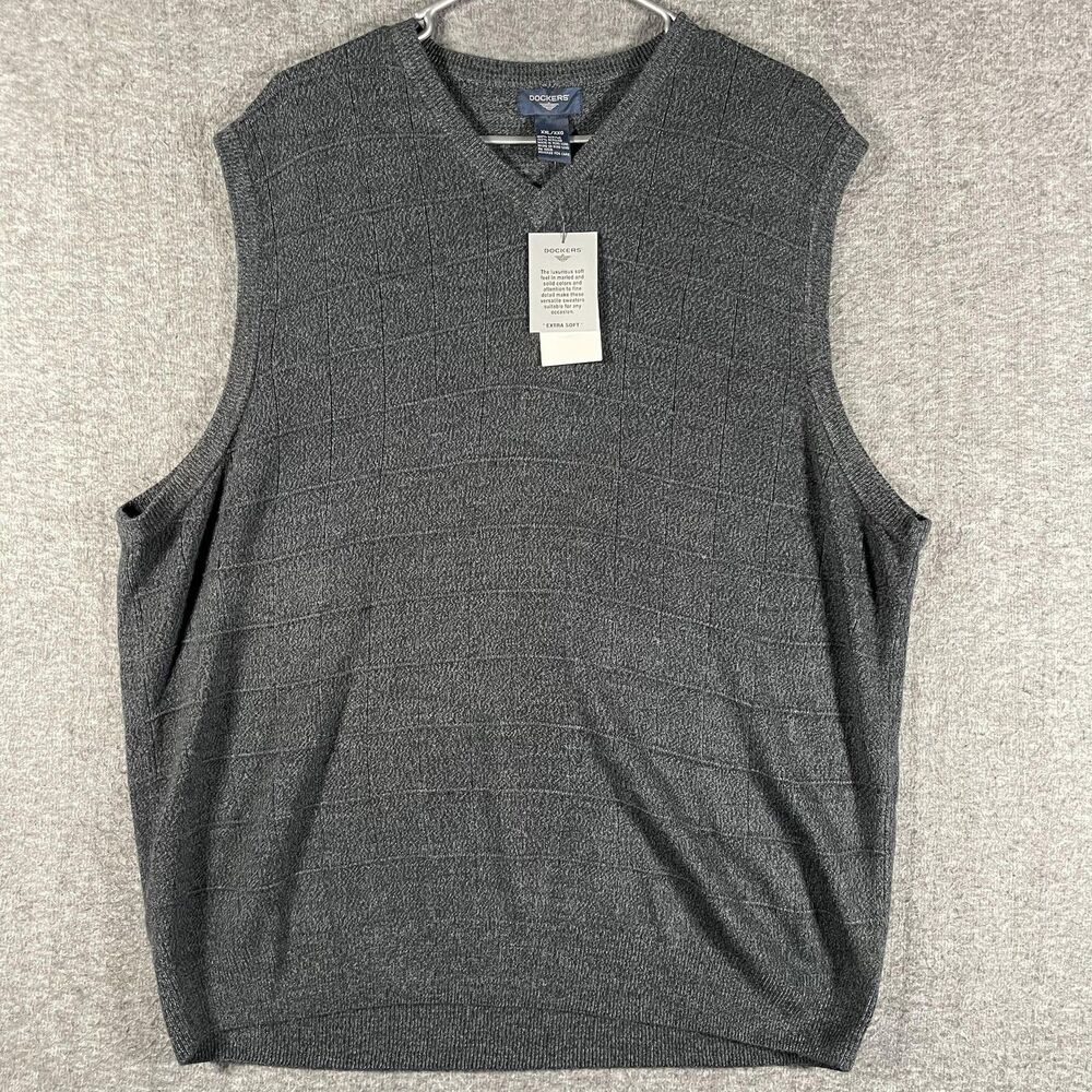 Dockers Sweater Vest Mens 2XL Gray V Neck Textured Knit Onyx Marl Acrylic